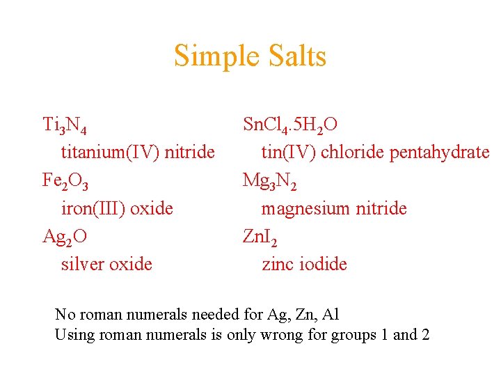 Simple Salts Ti 3 N 4 titanium(IV) nitride Fe 2 O 3 iron(III) oxide Simple Salts Ti 3 N 4 titanium(IV) nitride Fe 2 O 3 iron(III) oxide
