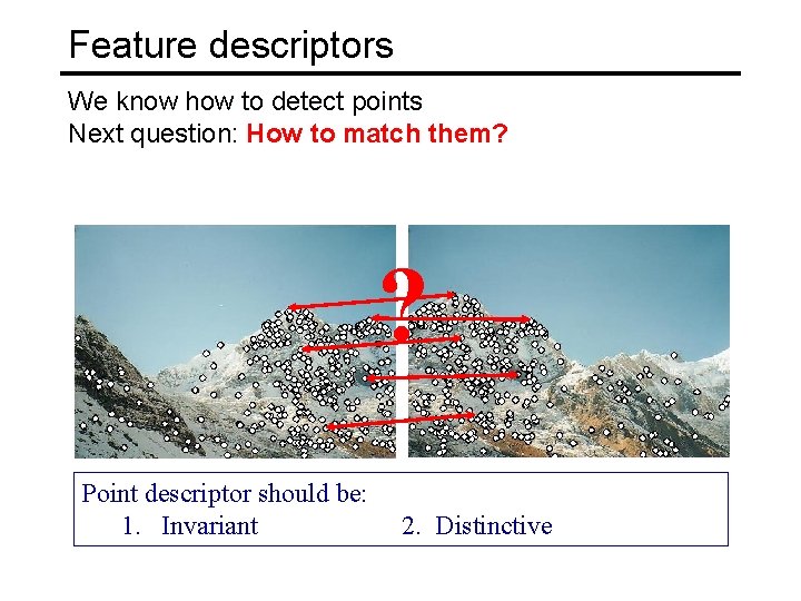Feature descriptors We know how to detect points Next question: How to match them?