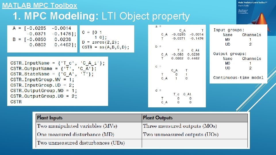 MATLAB MPC Toolbox 1. MPC Modeling: LTI Object property 