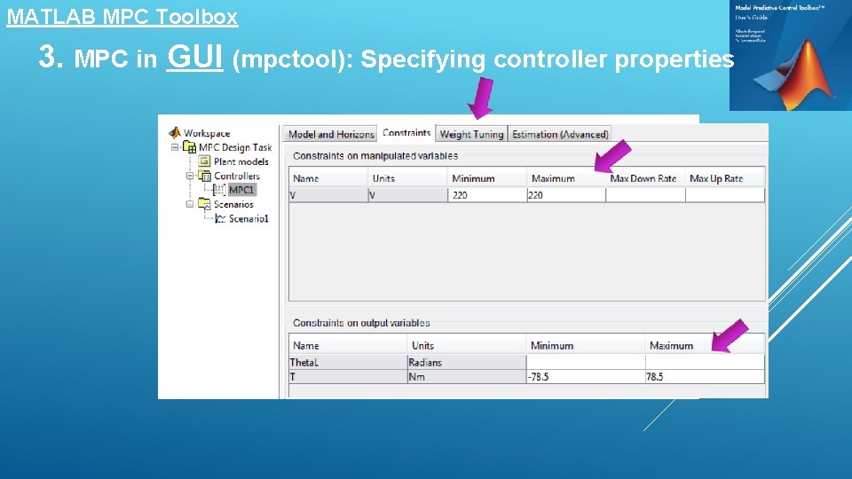 MATLAB MPC Toolbox 3. MPC in GUI (mpctool): Specifying controller properties 