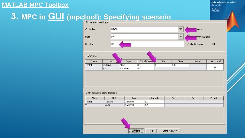 MATLAB MPC Toolbox 3. MPC in GUI (mpctool): Specifying scenario 