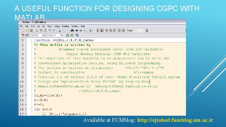 A USEFUL FUNCTION FOR DESIGNING CGPC WITH MATLAB Available at FUMblog: http: //ejtahed. fumblog.