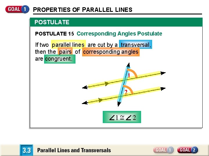 PROPERTIES OF PARALLEL LINES POSTULATE 15 Corresponding Angles Postulate If two parallel lines are