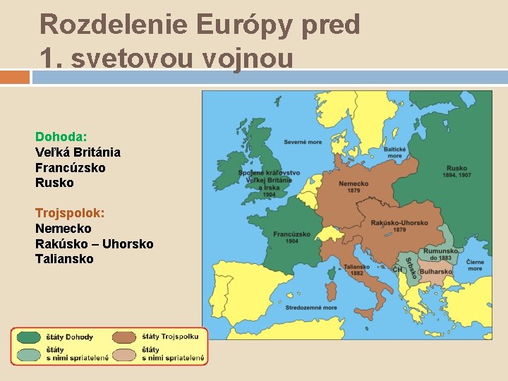 Rozdelenie Európy pred 1. svetovou vojnou Dohoda: Veľká Británia Francúzsko Rusko Trojspolok: Nemecko Rakúsko