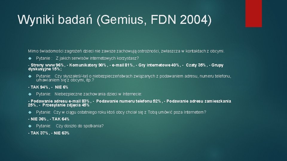 Wyniki badań (Gemius, FDN 2004) Mimo świadomości zagrożeń dzieci nie zawsze zachowują ostrożności, zwłaszcza