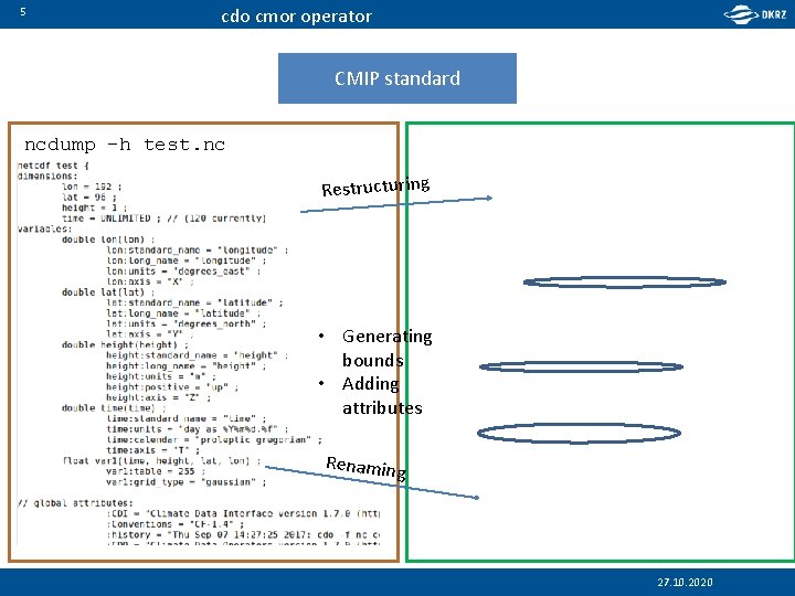 5 cdo cmor operator CMIP standard ncdump -h test. nc Restructuring • Generating bounds