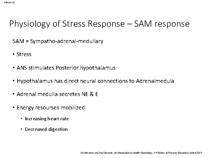 Slide 11. 22 Physiology of Stress Response – SAM response SAM = Sympatho-adrenal-medullary •