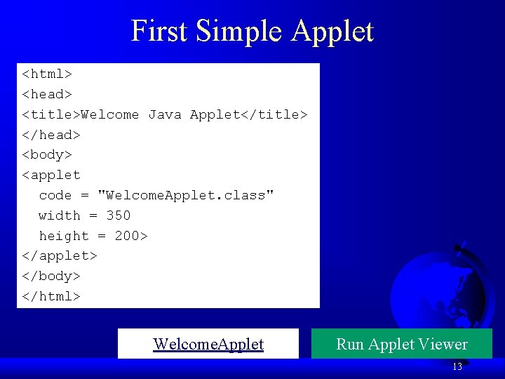 First Simple Applet <html> <head> <title>Welcome Java Applet</title> </head> <body> <applet code = "Welcome.