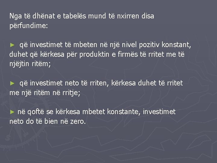 Nga të dhënat e tabelës mund të nxirren disa përfundime: që investimet të mbeten