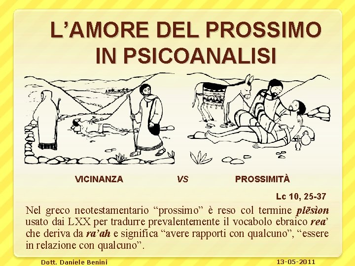 L’AMORE DEL PROSSIMO IN PSICOANALISI VICINANZA VS PROSSIMITÀ Lc 10, 25 -37 Nel greco