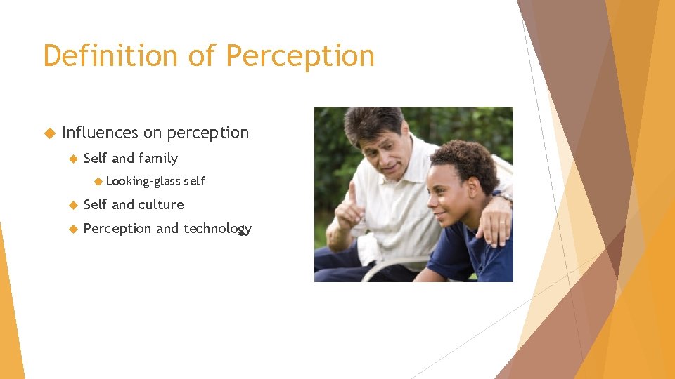 Definition of Perception Influences on perception Self and family Looking-glass self Self and culture