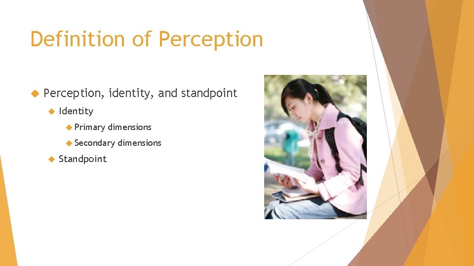 Definition of Perception, identity, and standpoint Identity Primary dimensions Secondary Standpoint dimensions 