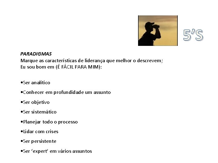 5’S PARADIGMAS Marque as características de liderança que melhor o descrevem; Eu sou bom