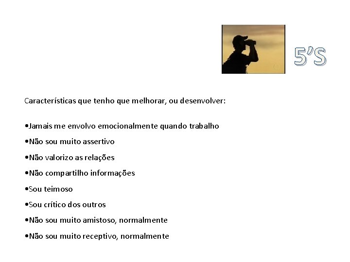 5’S Características que tenho que melhorar, ou desenvolver: • Jamais me envolvo emocionalmente quando