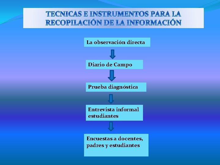 La observación directa Diario de Campo Prueba diagnóstica Entrevista informal estudiantes Encuestas a docentes,