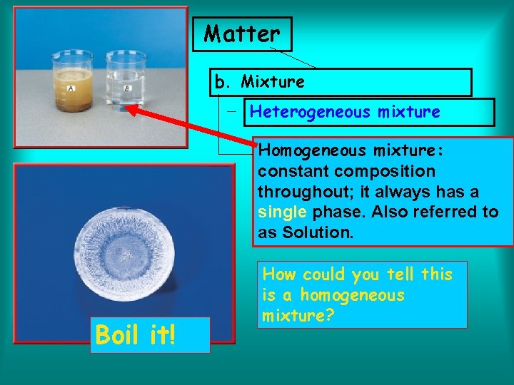 Matter b. Mixture Heterogeneous mixture Homogeneous mixture: constant composition throughout; it always has a