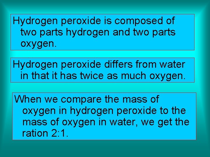 Hydrogen peroxide is composed of two parts hydrogen and two parts oxygen. Hydrogen peroxide