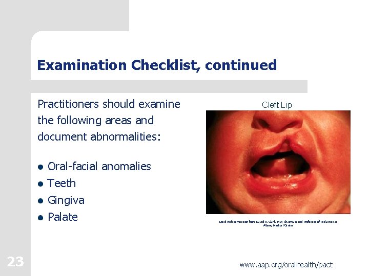 Examination Checklist, continued Practitioners should examine the following areas and document abnormalities: l Oral-facial