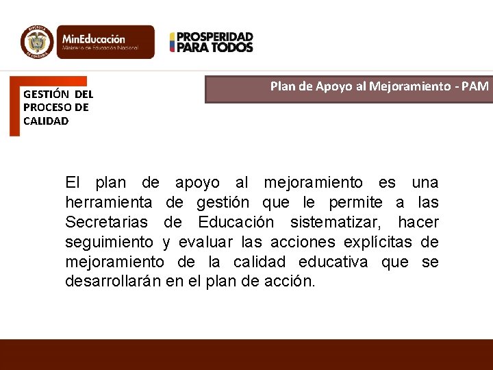 GESTIÓN DEL PROCESO DE CALIDAD Plan de Apoyo al Mejoramiento - PAM El plan GESTIÓN DEL PROCESO DE CALIDAD Plan de Apoyo al Mejoramiento - PAM El plan