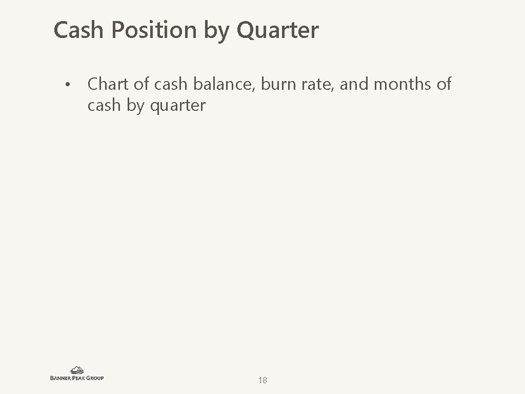 Cash Position by Quarter • Chart of cash balance, burn rate, and months of