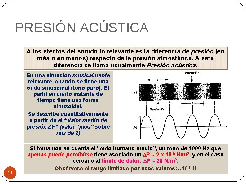 PRESIÓN ACÚSTICA A los efectos del sonido lo relevante es la diferencia de presión