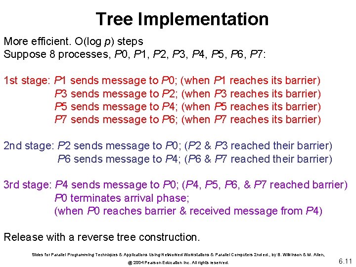 Tree Implementation More efficient. O(log p) steps Suppose 8 processes, P 0, P 1,