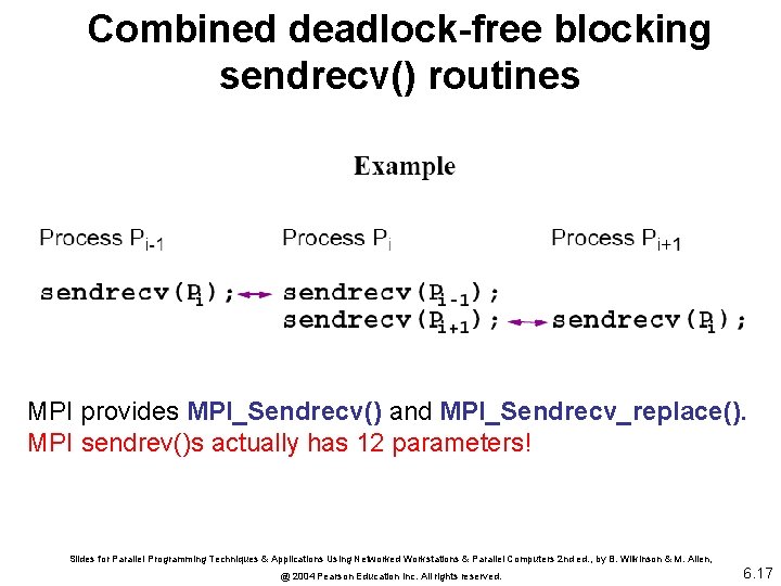 Combined deadlock-free blocking sendrecv() routines MPI provides MPI_Sendrecv() and MPI_Sendrecv_replace(). MPI sendrev()s actually has