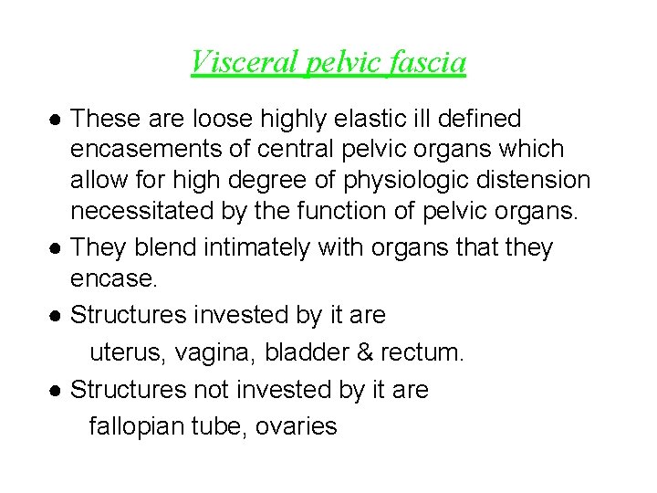 Visceral pelvic fascia ● These are loose highly elastic ill defined encasements of central