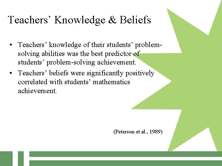 Teachers’ Knowledge & Beliefs • Teachers’ knowledge of their students’ problemsolving abilities was the