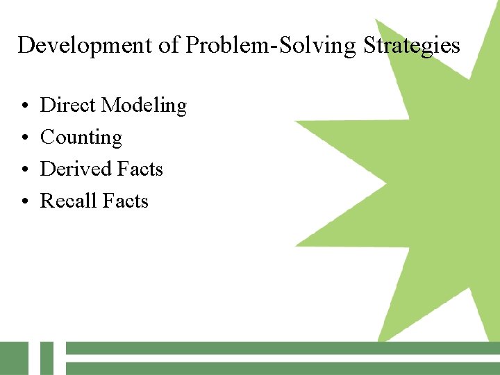 Development of Problem-Solving Strategies • • Direct Modeling Counting Derived Facts Recall Facts 