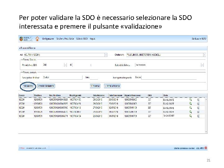 Per poter validare la SDO è necessario selezionare la SDO interessata e premere il