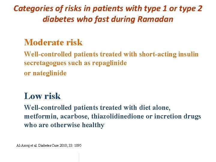 Categories of risks in patients with type 1 or type 2 diabetes who fast