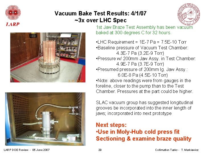 Vacuum Bake Test Results: 4/1/07 ~3 x over LHC Spec 1 st Jaw Braze