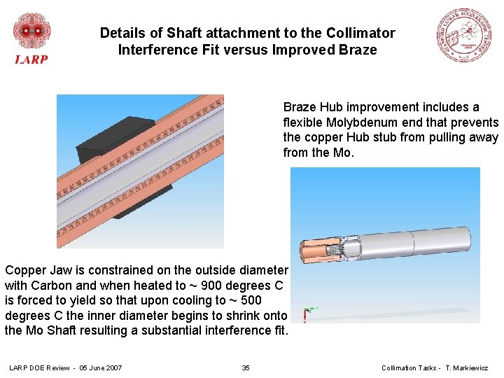 Details of Shaft attachment to the Collimator Interference Fit versus Improved Braze Hub improvement
