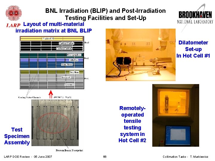 BNL Irradiation (BLIP) and Post-Irradiation Testing Facilities and Set-Up Layout of multi-material irradiation matrix