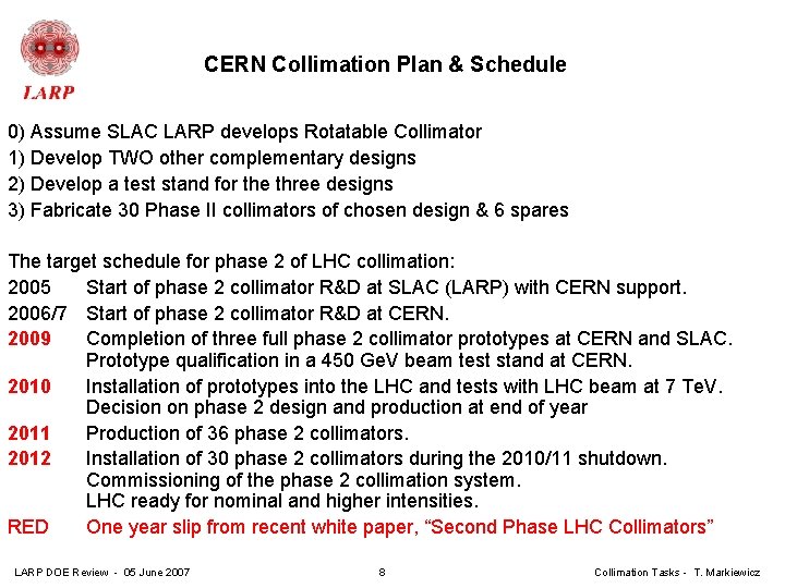 CERN Collimation Plan & Schedule 0) Assume SLAC LARP develops Rotatable Collimator 1) Develop