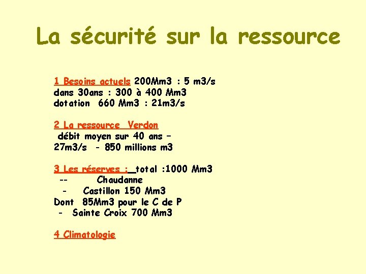 La sécurité sur la ressource 1 Besoins actuels 200 Mm 3 : 5 m