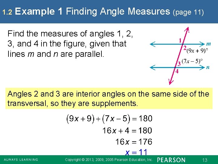 1. 2 Example 1 Finding Angle Measures (page 11) Find the measures of angles