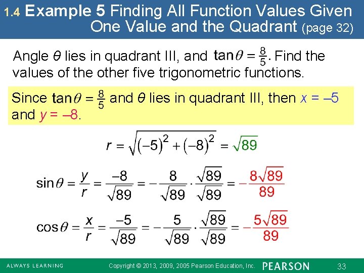 1. 4 Example 5 Finding All Function Values Given One Value and the Quadrant
