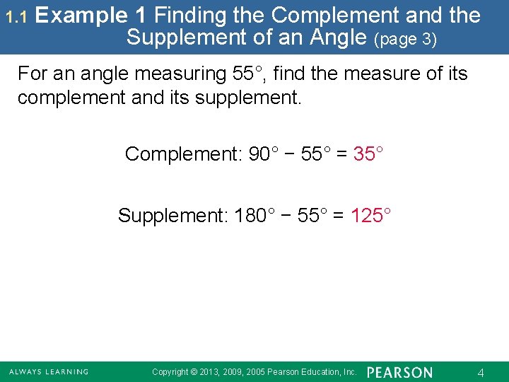 1. 1 Example 1 Finding the Complement and the Supplement of an Angle (page