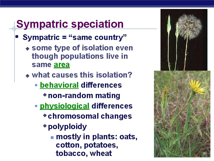 Sympatric speciation Sympatric = “same country” some type of isolation even though populations live