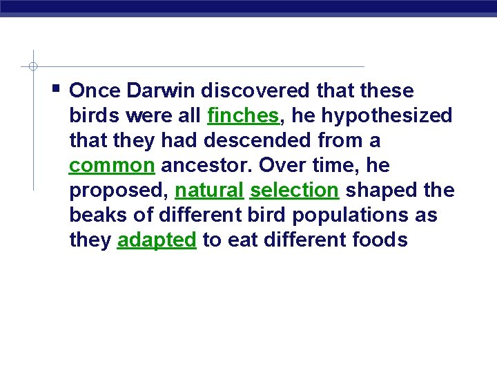  Once Darwin discovered that these birds were all finches, he hypothesized that they