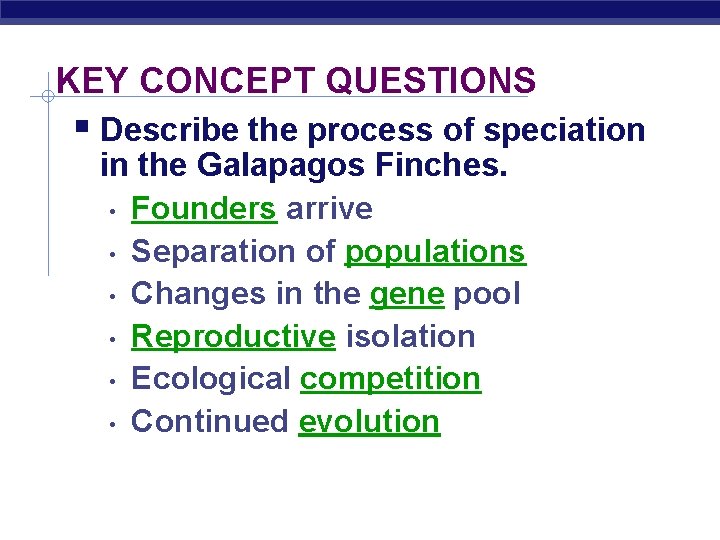 KEY CONCEPT QUESTIONS Describe the process of speciation in the Galapagos Finches. • Founders