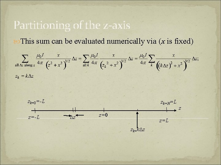 Partitioning of the z-axis This sum can be evaluated numerically via (x is fixed)