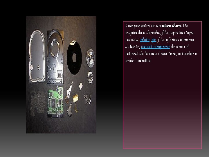 Componentes de un disco duro. De izquierda a derecha, fila superior: tapa, carcasa, plato,