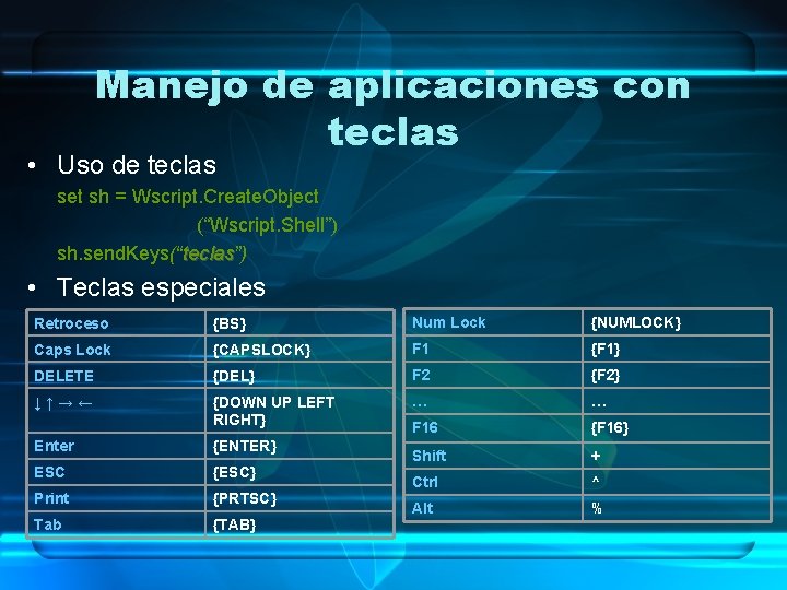 Manejo de aplicaciones con teclas • Uso de teclas set sh = Wscript. Create.