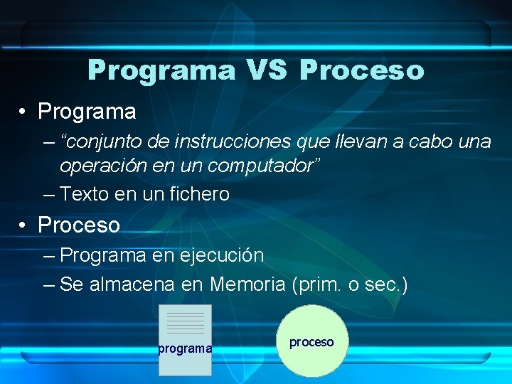 Programa VS Proceso • Programa – “conjunto de instrucciones que llevan a cabo una