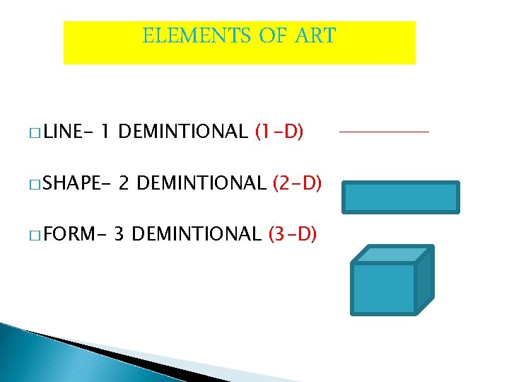 ELEMENTS OF ART � LINE- 1 DEMINTIONAL (1 -D) � SHAPE� FORM- 2 DEMINTIONAL