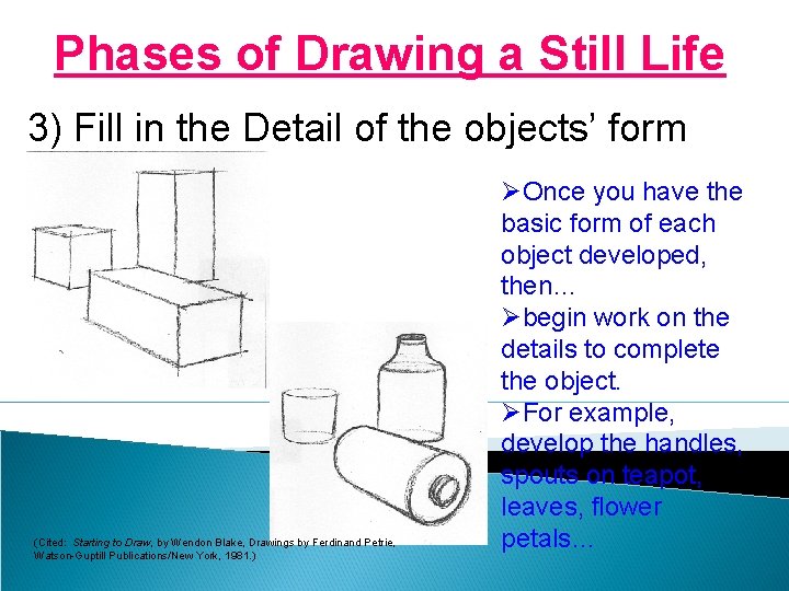 Phases of Drawing a Still Life 3) Fill in the Detail of the objects’