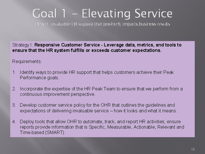 Goal 1 - Elevating Service Deliver invaluable HR support that positively impacts business results